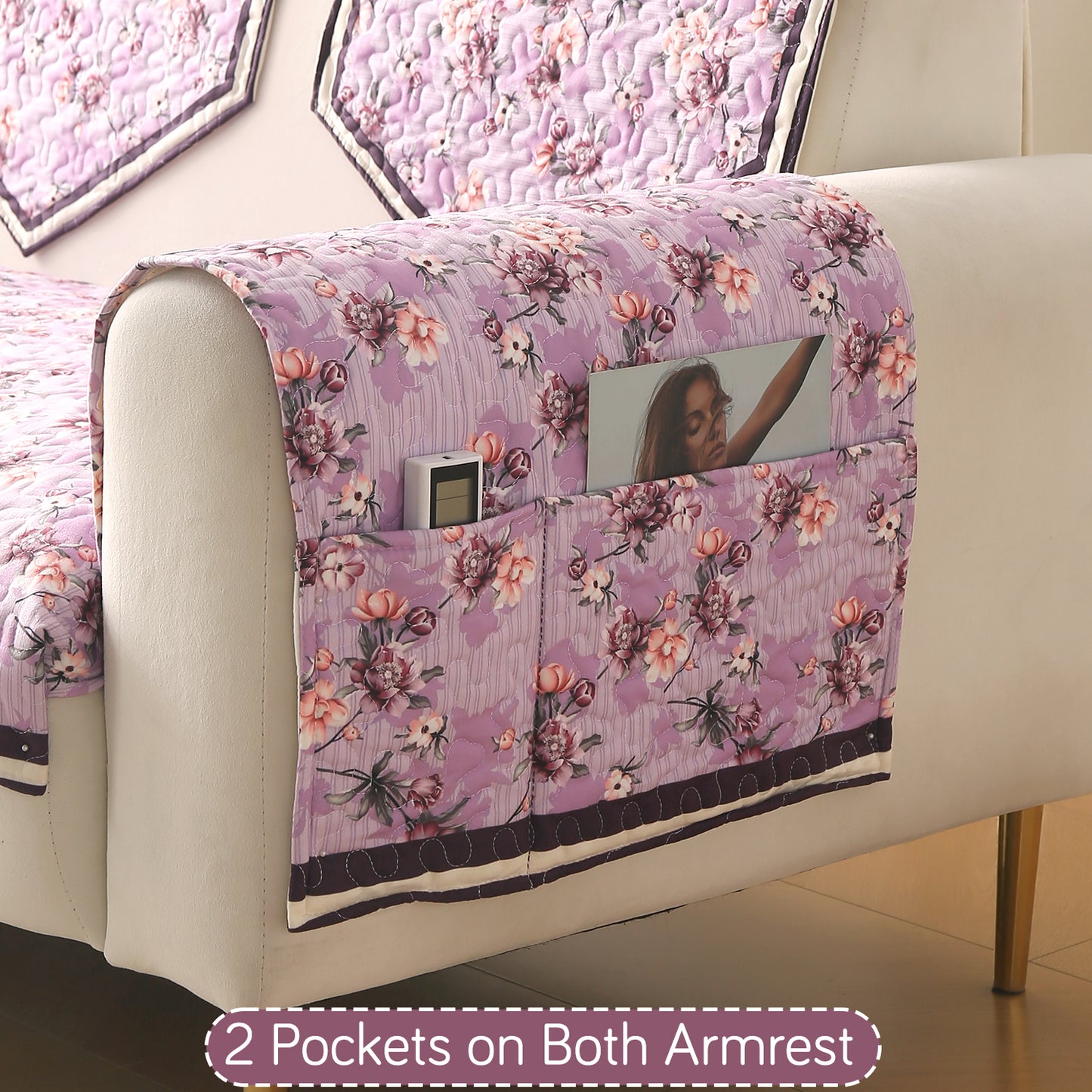 Florentina Series Printed Holland Velvet Sofa Mat - Peony Lavender
