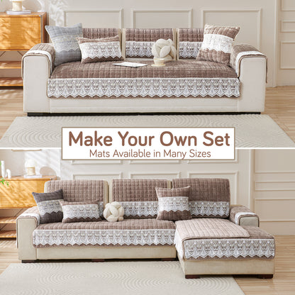 BelleLace Series Premium Imperial Milk Velvet Sofa Cover Mat with Lace Design -  Mocha Brown