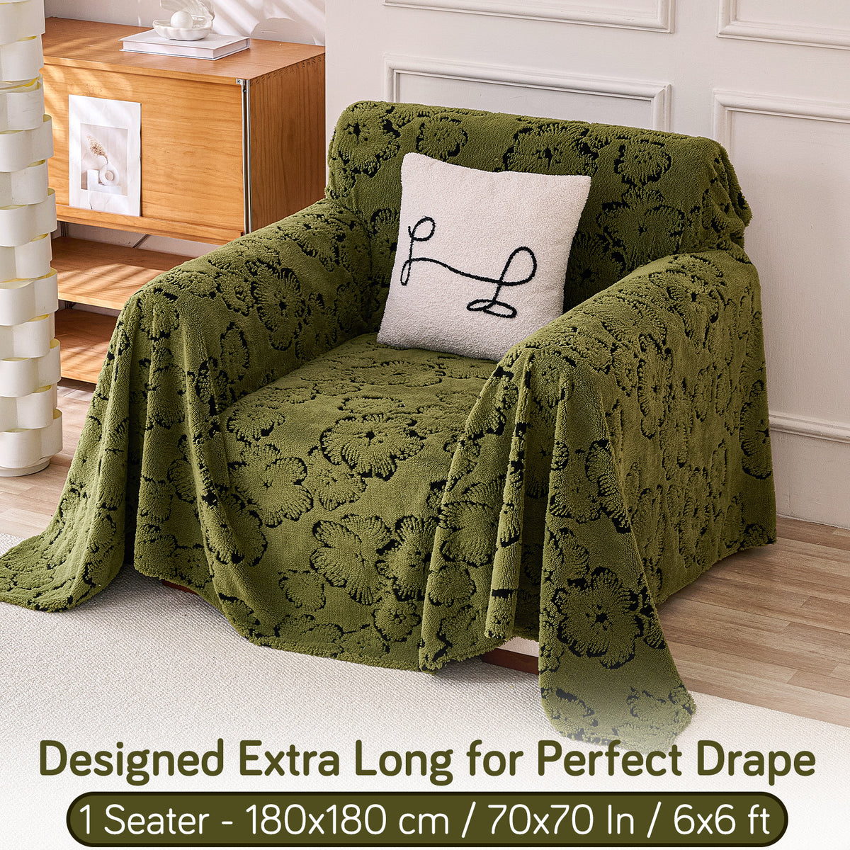 Buy Forest Olive Colour Camellia Blossom Luxury Plush Sofa Throw – Single Seater Sofa | HOKIPO