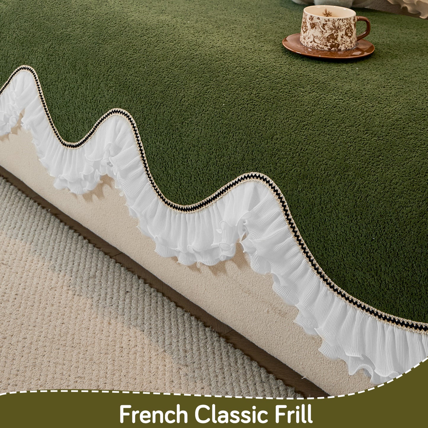 French Classic Frill Wavy Sofa Cover Mat with Curve & Lace - Dark Olive Green