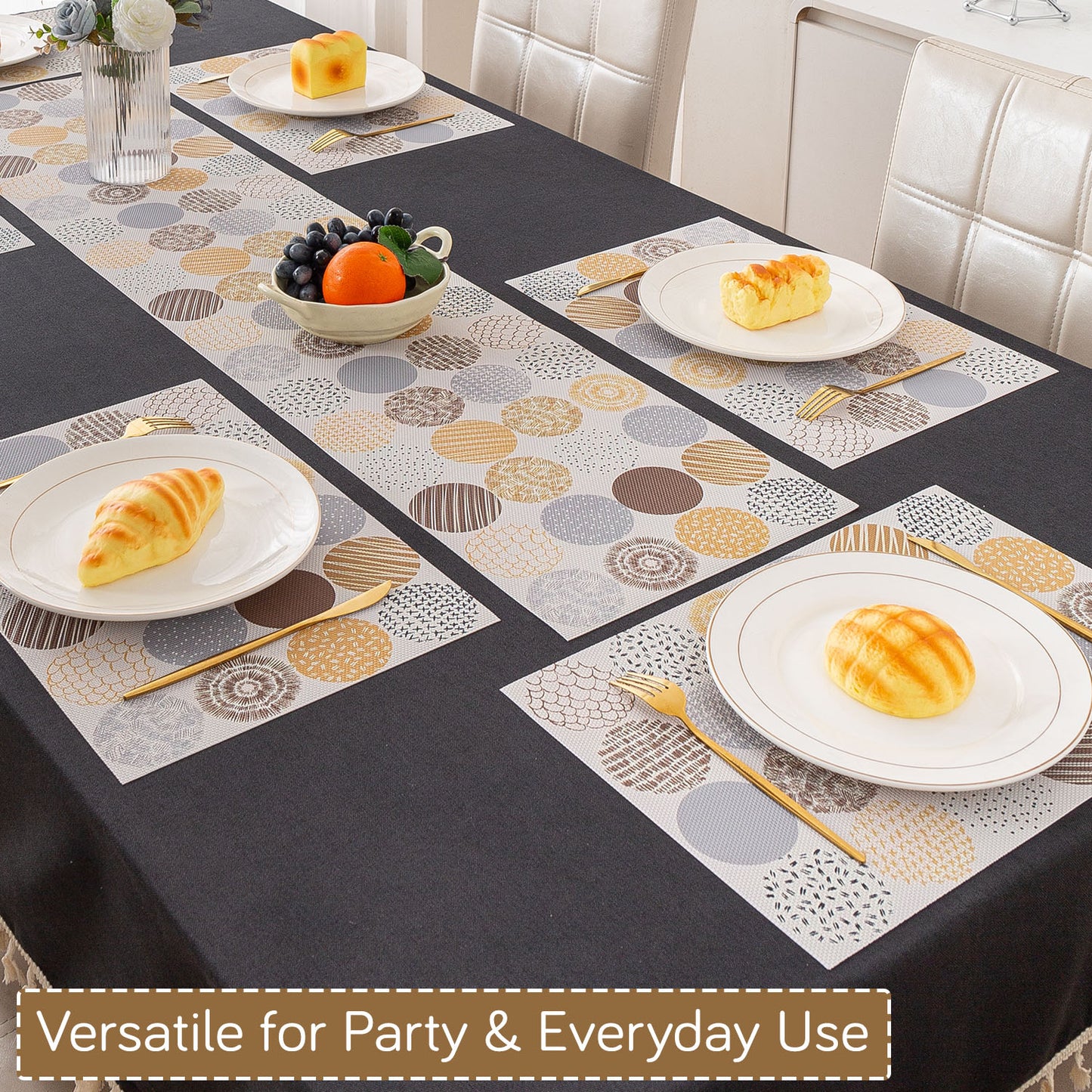 Color Splash PVC Mats for Dining Table, Abstract Circles - Olive Brown