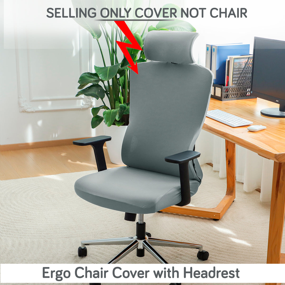 Office Chair Cover with Headrest (High-Back) – 140 GSM Stretch Fabric – Washable, Anti-Slip Fit for Ergonomic Mesh Office Chairs, Smokey Grey