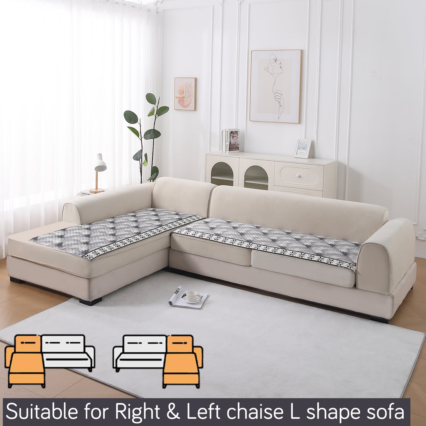 LiefNest Printed Holland Velvet L Shape Sofa Seat Mat with Foam Filling - Snowflakes Gradient Grey