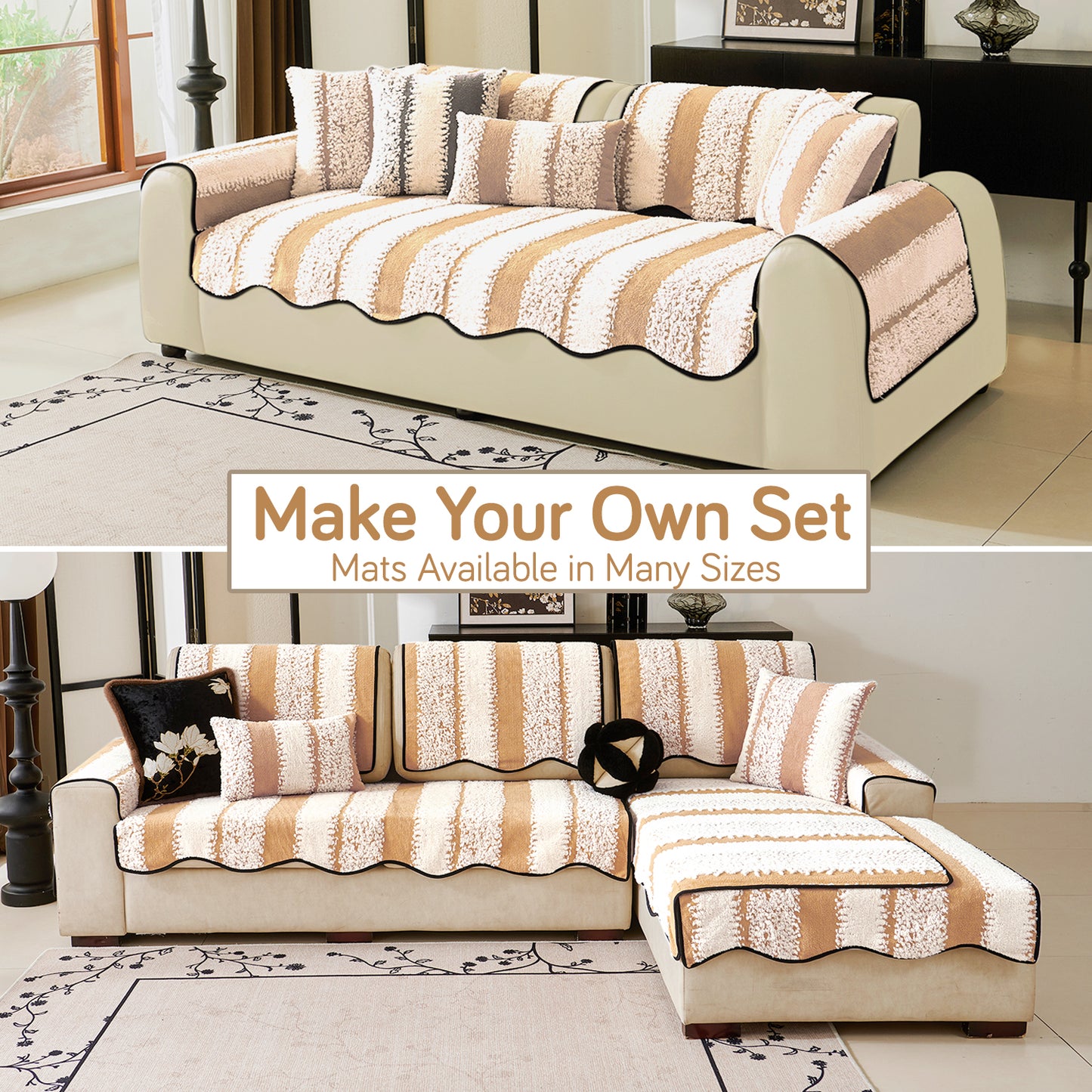 Luxury Wavy Plush Anti-Slip Sofa Cover Mats - Desert Brown