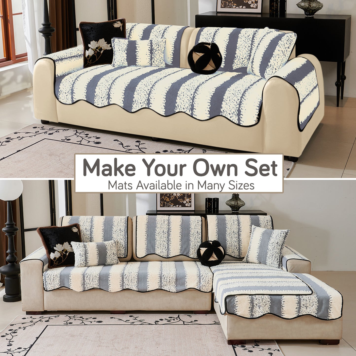 Luxury Wavy Plush Anti-Slip Sofa Cover Mats - Pewter Grey