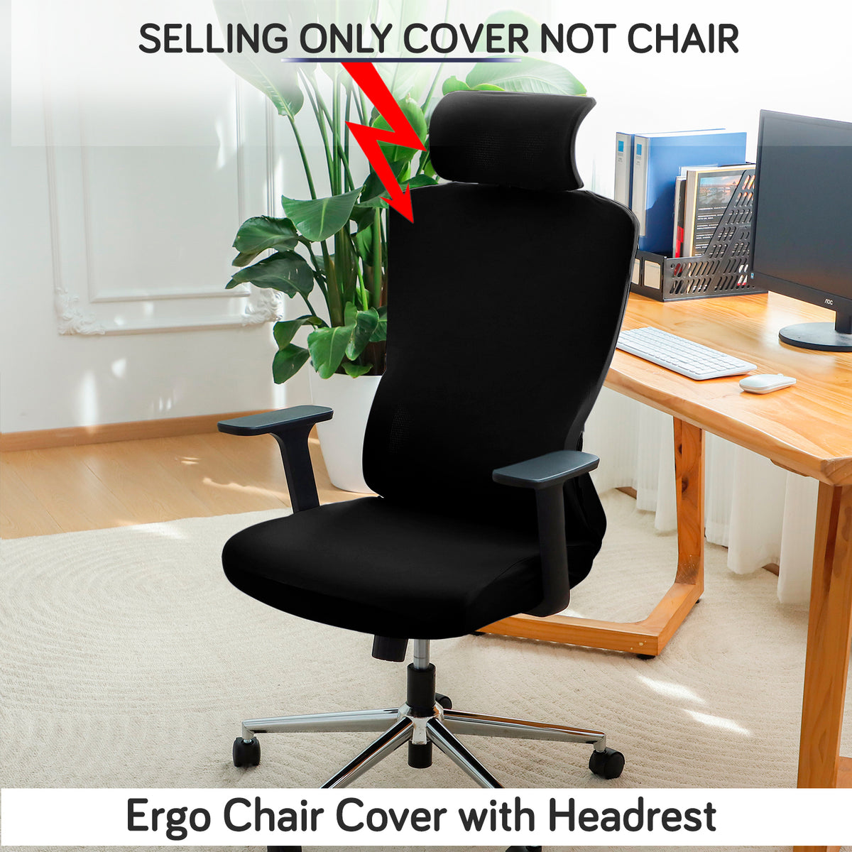 Office Chair Cover with Headrest (High-Back) – 140 GSM Stretch Fabric – Washable, Anti-Slip Fit for Ergonomic Mesh Office Chairs, Black