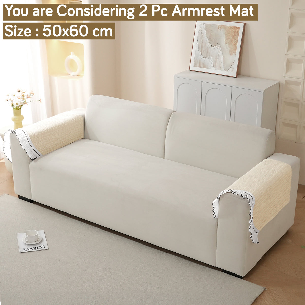 French Lace & Luxe with White Ruffle Edge Sofa Cover Mat, Moonstone Beige