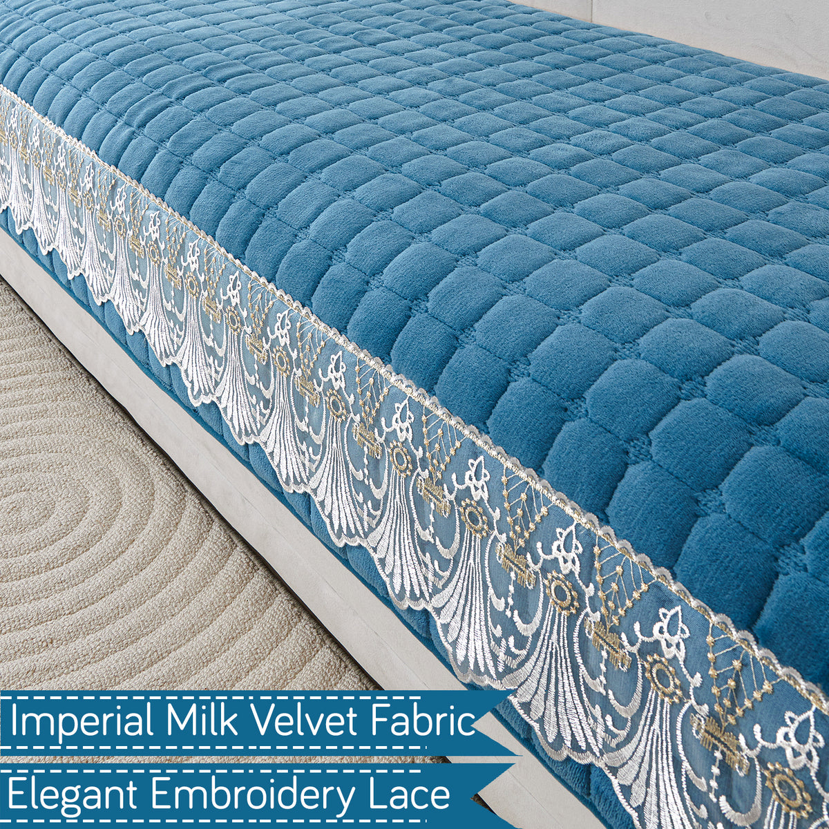 BelleLace Series Imperial Milk Velvet Sofa Cover Mat with Lace Design - Celdaon Blue