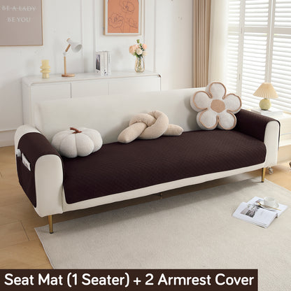 Quilted Sofa Cover Set with Seat Mat and Armrest Covers with Pockets, Dark Brown