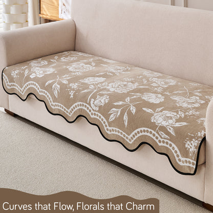 Chenille Sofa Cover Mat with Curvy Edges, 'Retro Curves Series' Sofa Mat, Sand Beige