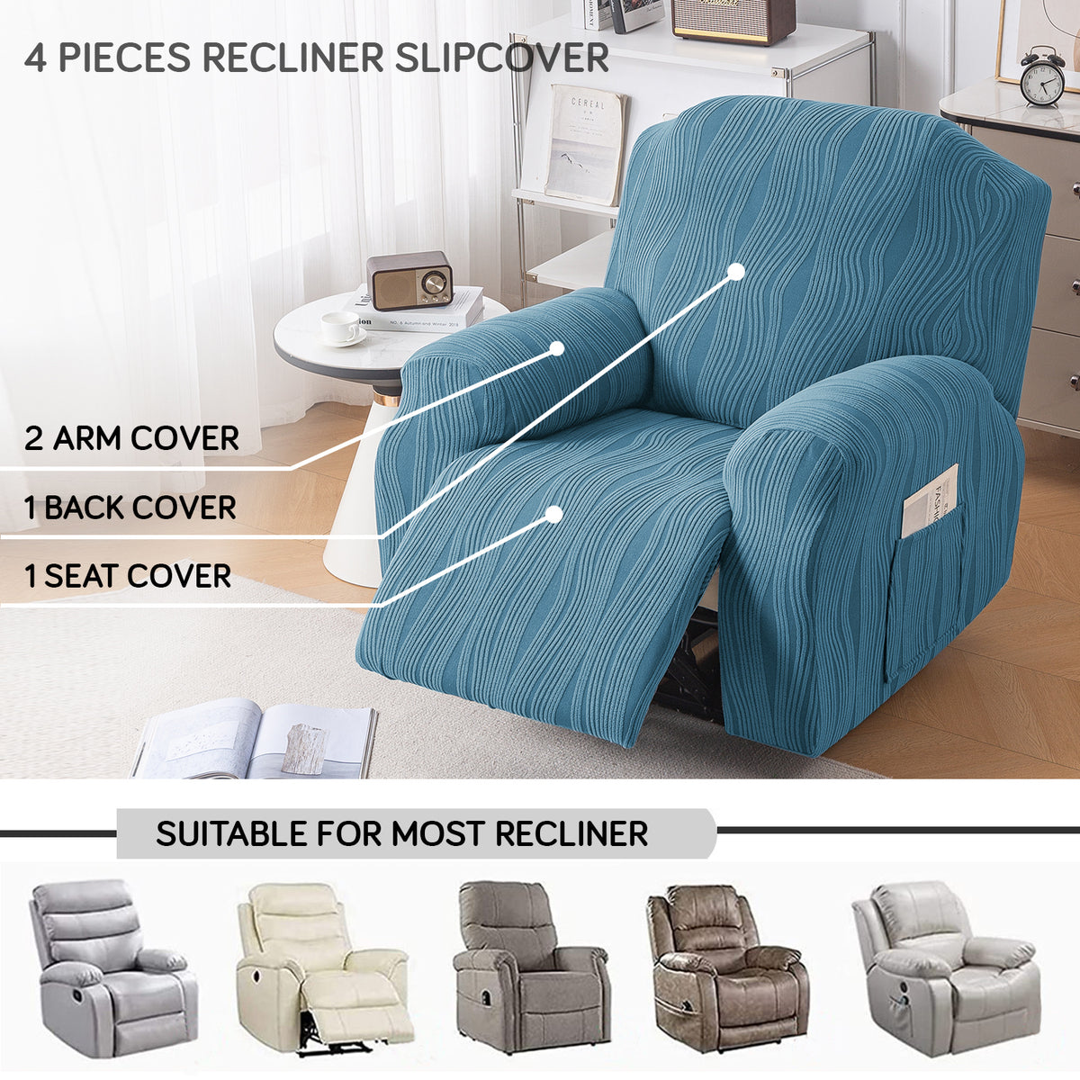 Buy Sea Blue Colour nestiva series knitting Jacquard 4 Pieces Recliner Slipcover | HOKIPO