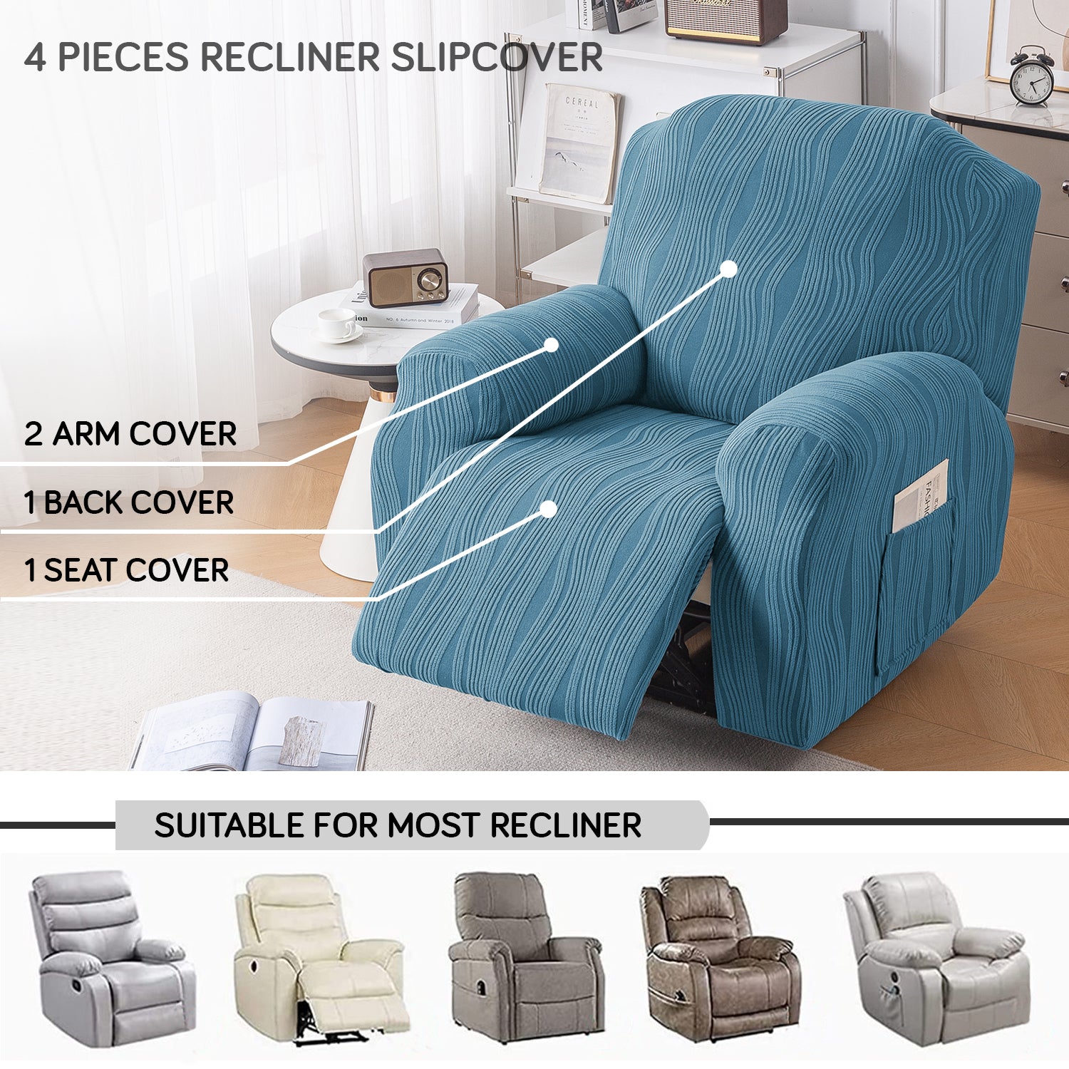 Buy Sea Blue Colour nestiva series knitting Jacquard 4 Pieces Recliner Slipcover | HOKIPO