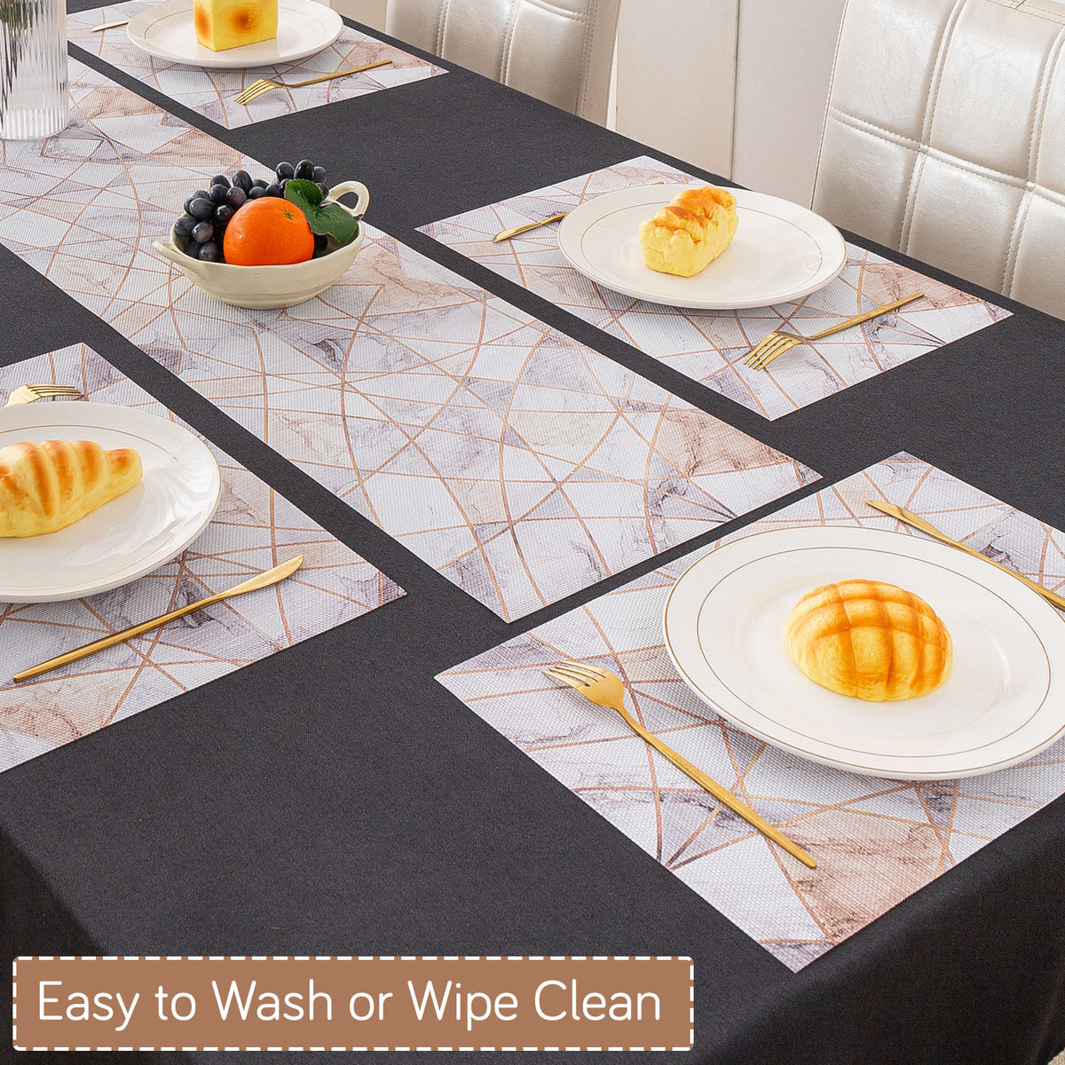 Marble Fusion PVC Mats for Dining Table, Angular Aura - Cream Gold