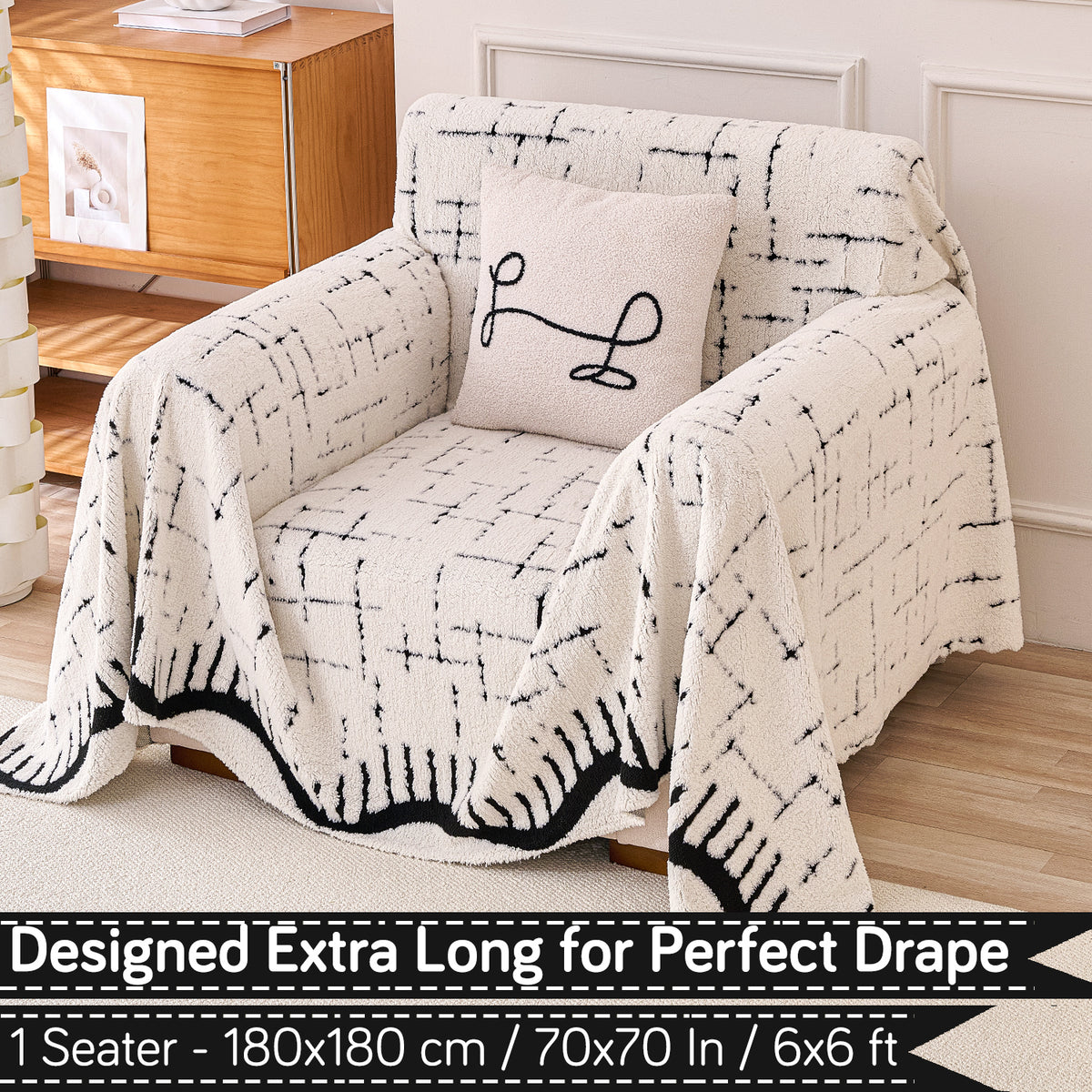 Buy Off-White Colour Supple Soft Wavy Plush Sofa Throw Cover – 1 Seater Sofas | HOKIPO