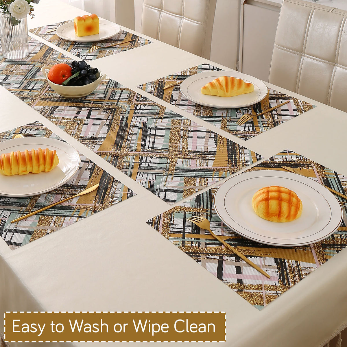 Marble Fusion PVC Mats for Dining Table, Crosshatch - Mustard Gold