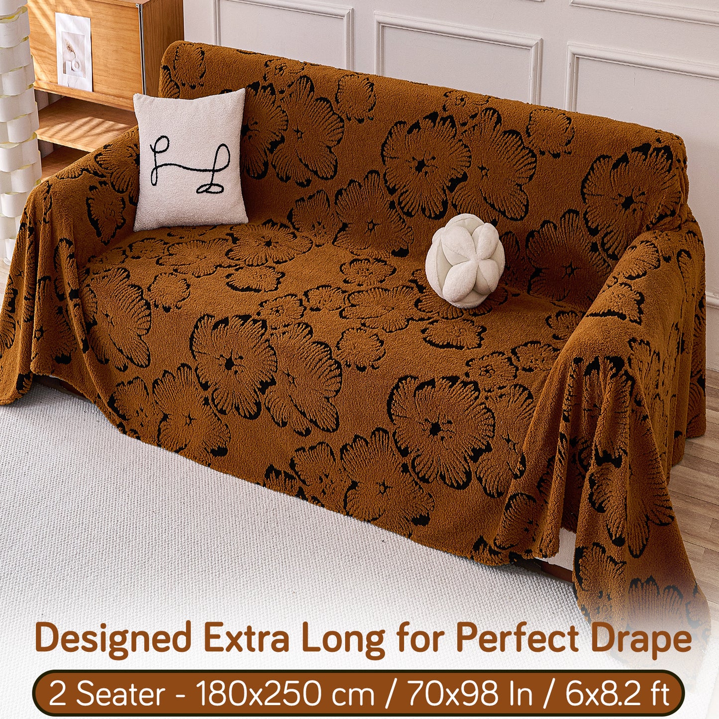 Buy Rustic Caramel Colour Camellia Blossom Luxury Plush Sofa Throw – 2 Seater Sofa | HOKIPO