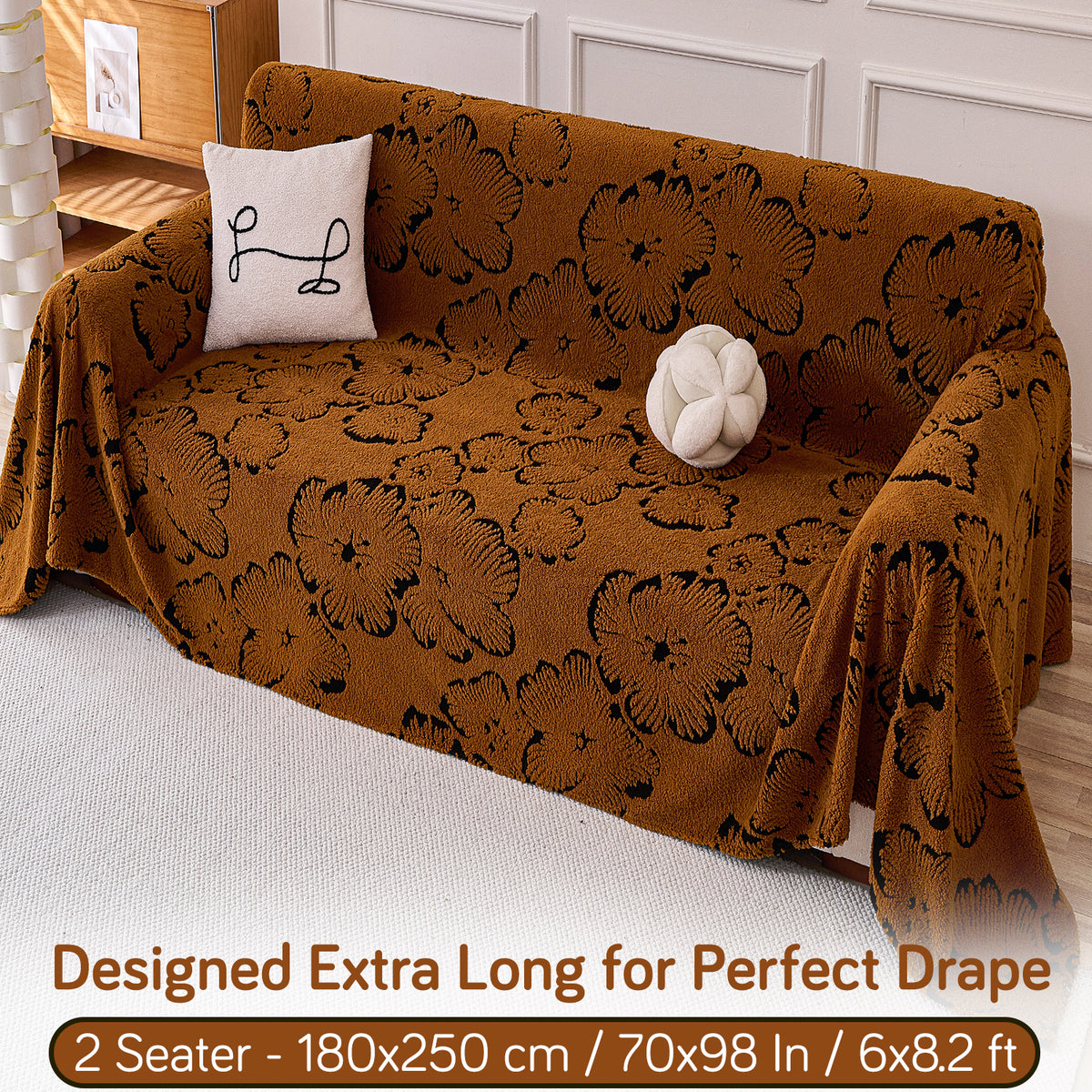 Buy Rustic Caramel Colour Camellia Blossom Luxury Plush Sofa Throw – 2 Seater Sofa | HOKIPO