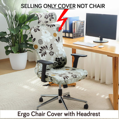 Printed Office Chair Cover with Headrest (High-Back) – 140 GSM Stretch Fabric – Washable, Anti-Slip Fit for Ergonomic Mesh Office Chairs, Feather Brown Floral