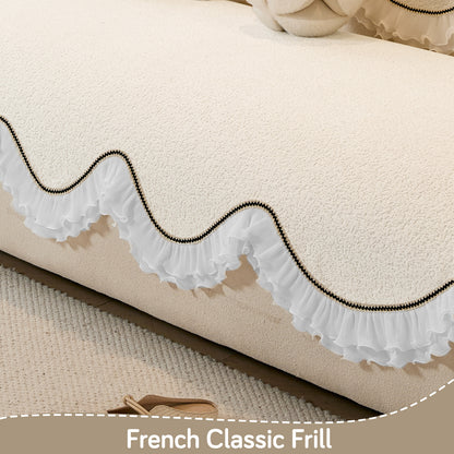 French Classic Frill Wavy Sofa Cover Mat, Snow White Ivory