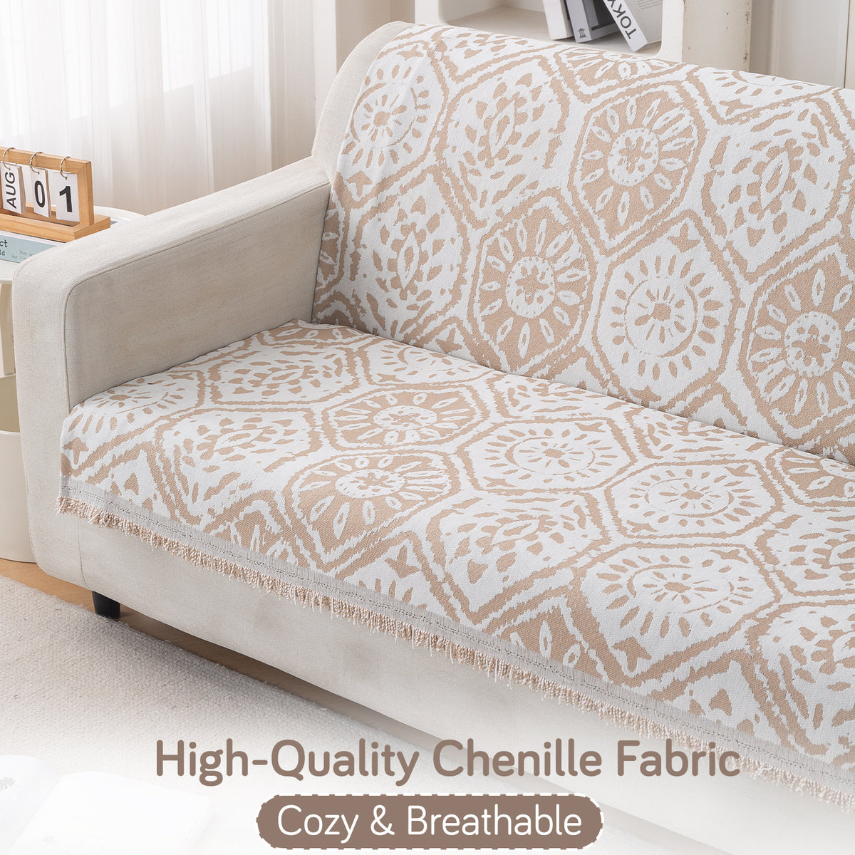 Premium 320 GSM Chenille Sofa Cover 'Serene Abode Series', Boho Floral Tile