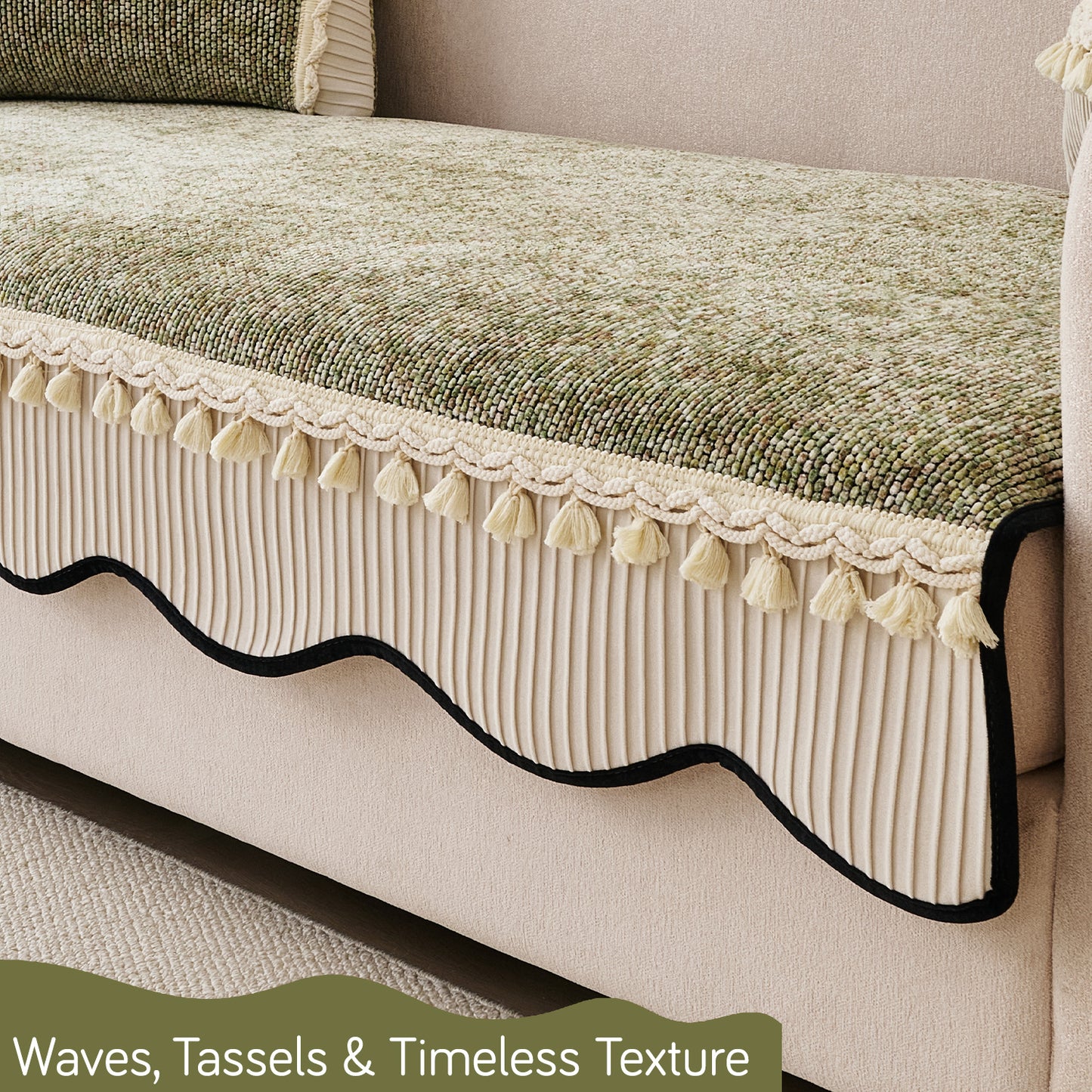 Thick Woven Weave Chenille Sofa Cover with Tassel|'Wavy Royale Series' Sage Green