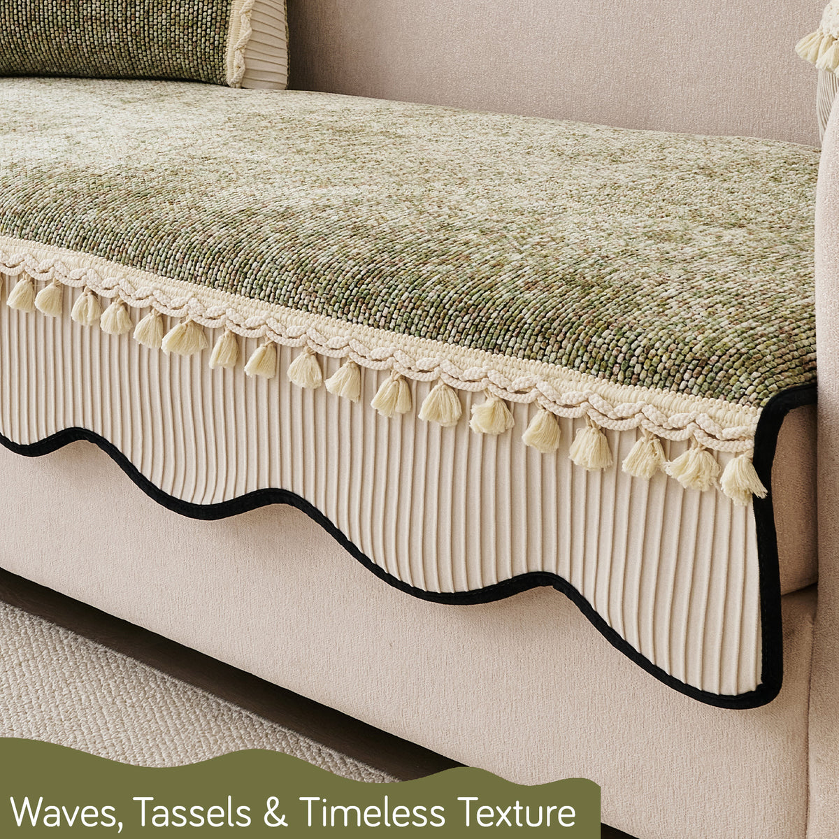 'Wavy Royale Series' Thick Woven Weave Chenille Sofa Cover with Tassel, Sage Green