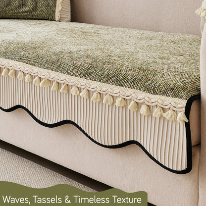 Thick Woven Weave Chenille Sofa Cover with Tassel|'Wavy Royale Series' Sage Green