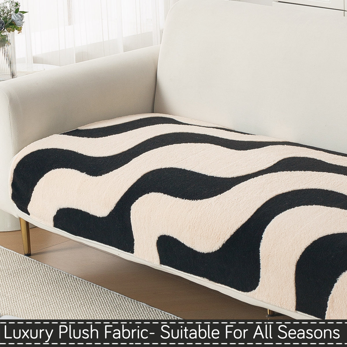 Luxury Plush Sherpa Anti-Slip Sofa Cover Mat, 'Noirea Series'| Wavy Stripe