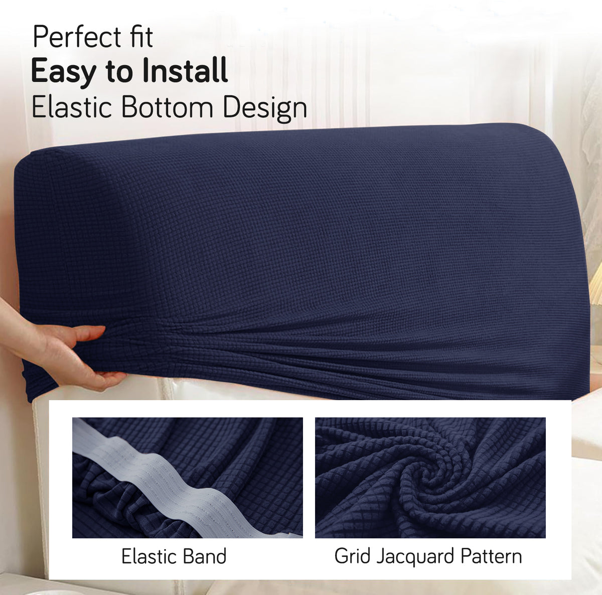 Buy Navy Blue Colour jacquard bed headboard cover with elastic bottom, easy to install and perfect fit design for beds