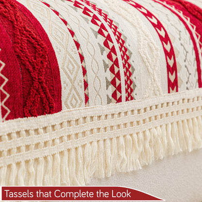 Nordic Boho Geometric Sofa Cover Mat with Tassel, 'Nordic Tassel Series'  Ruby Cream