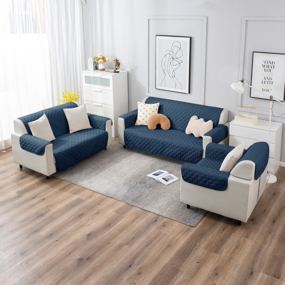 Navy Blue quilted sofa cover​ for 3+2+1 seater sofa set