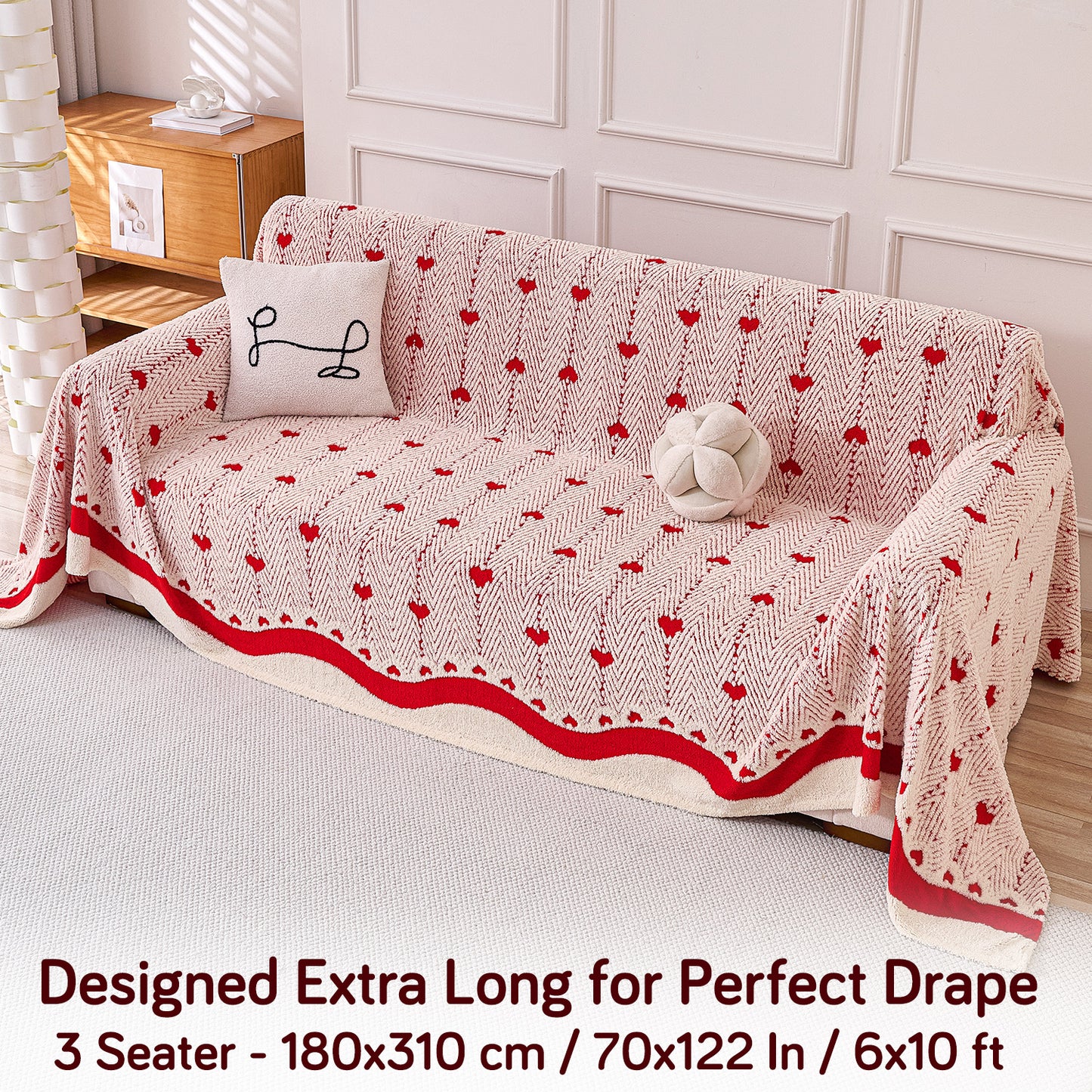 Buy Cherry Cream Colour Cozy Heart Series Luxury Plush Sofa Throw – 3 Seater Sofas | HOKIPO