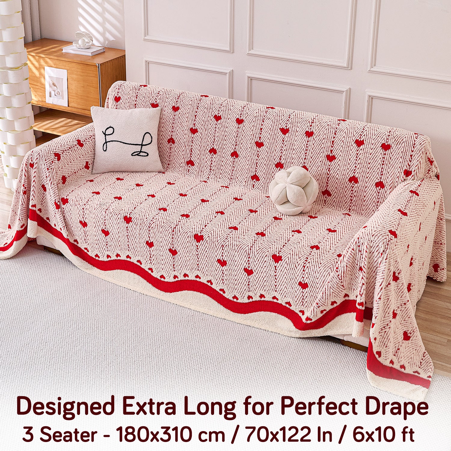 Buy Cherry Cream Colour Cozy Heart Series Luxury Plush Sofa Throw – 3 Seater Sofas | HOKIPO