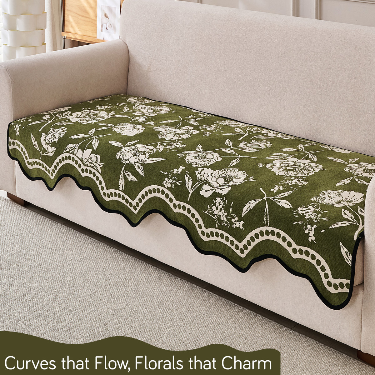 Chenille Sofa Cover Mat with Curvy Edges, 'Retro Curves Series' Sofa Mat, Olive Green