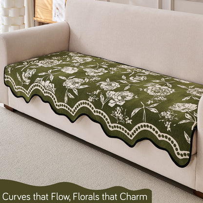 Chenille Sofa Cover Mat with Curvy Edges, 'Retro Curves Series' Sofa Mat, Olive Green