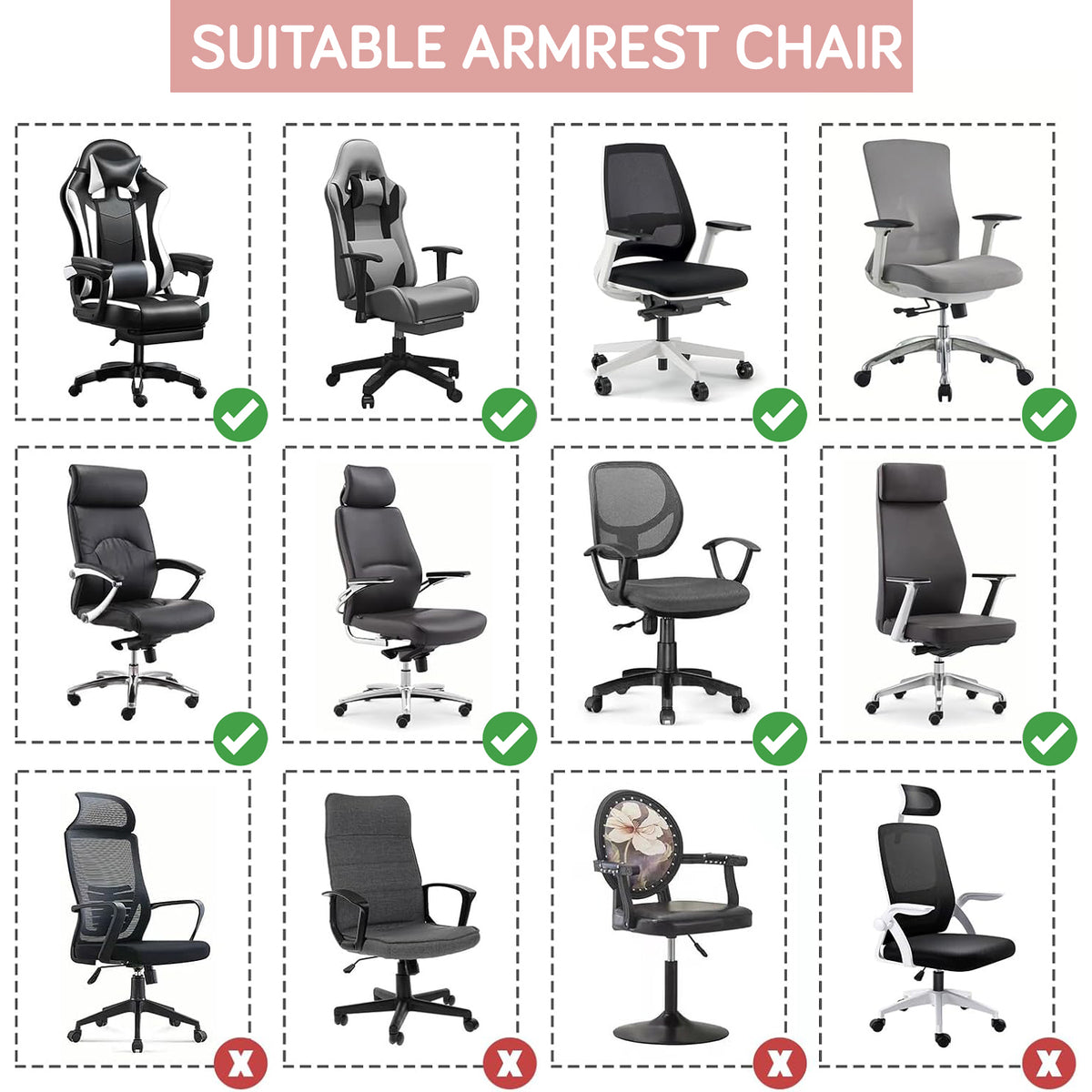 210gsm Jacquard Water Repellent Armrest Covers for Office Chair (Elastic Style), 1 Pair, Pink