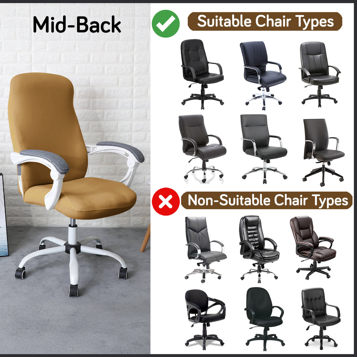 Office Chair Cover for Desk Chair (Mid-Back) – 140 GSM Stretch Fabric – Washable, Durable & Anti-Slip – Fits Mid-Back Office Chairs, Camel