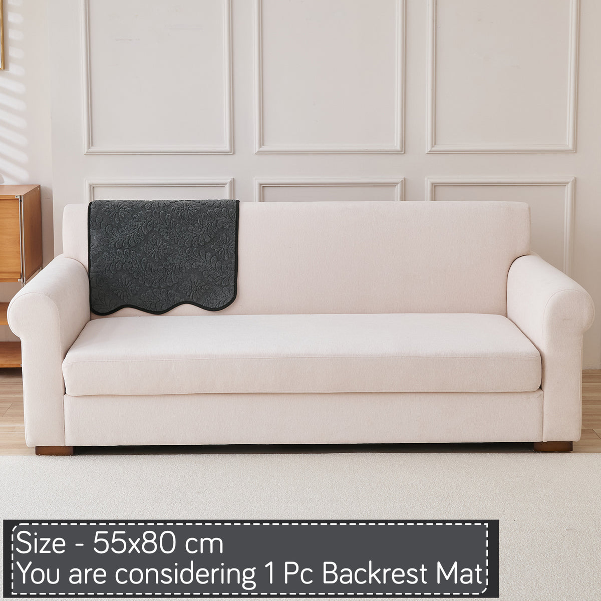 Embossed Floral Jacquard Anti-Slip Sofa Cover Mat, 'Wavy Petal Crest Series' Charcoal Grey