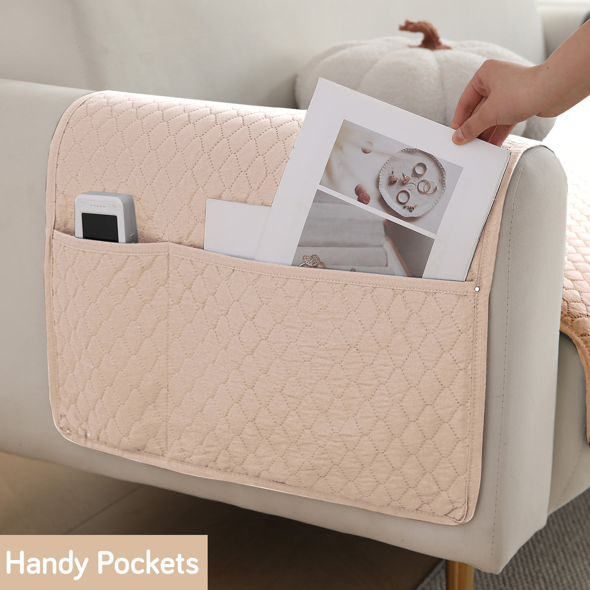 2 Pcs Quilted Sofa Armrest Cover, Beige