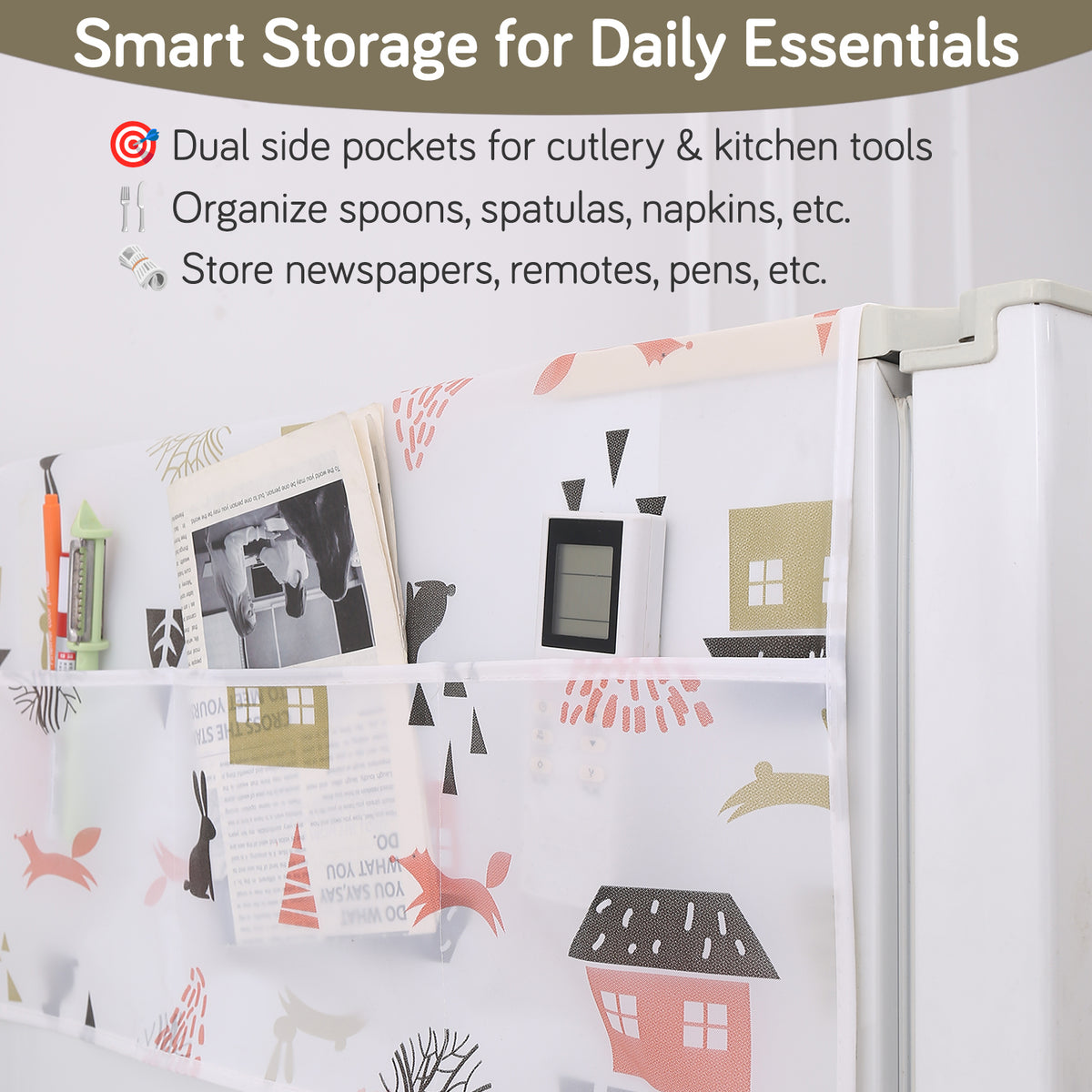 Small / Large Fridge Cover Top | For Smaller Single Door, Double Door and Bigger Double Door Refrigerator - Waterproof, Printed with 6 Side Pockets, Woodland Village