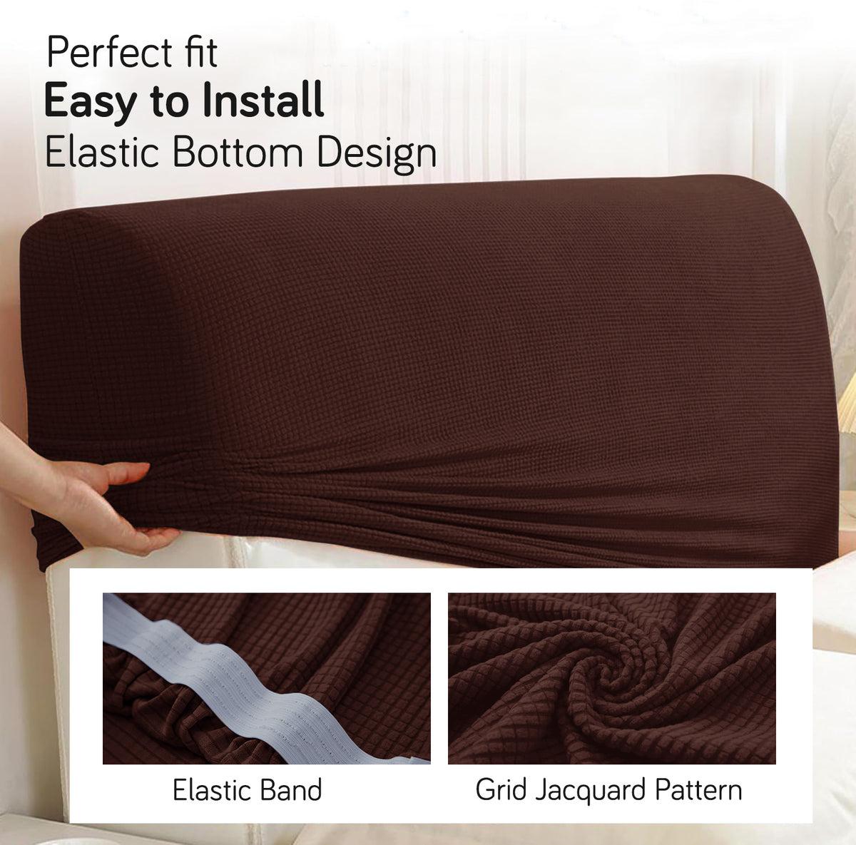 Buy Dark Brown Colour jacquard bed headboard cover with elastic band, easy to install and perfect fit design for beds