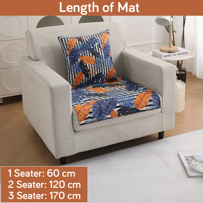 LiefNest Printed Holland Velvet Sofa Mat with Foam Filling - Tropical Leaves Dusk Blue for 1/2/3 Seater & Armrest