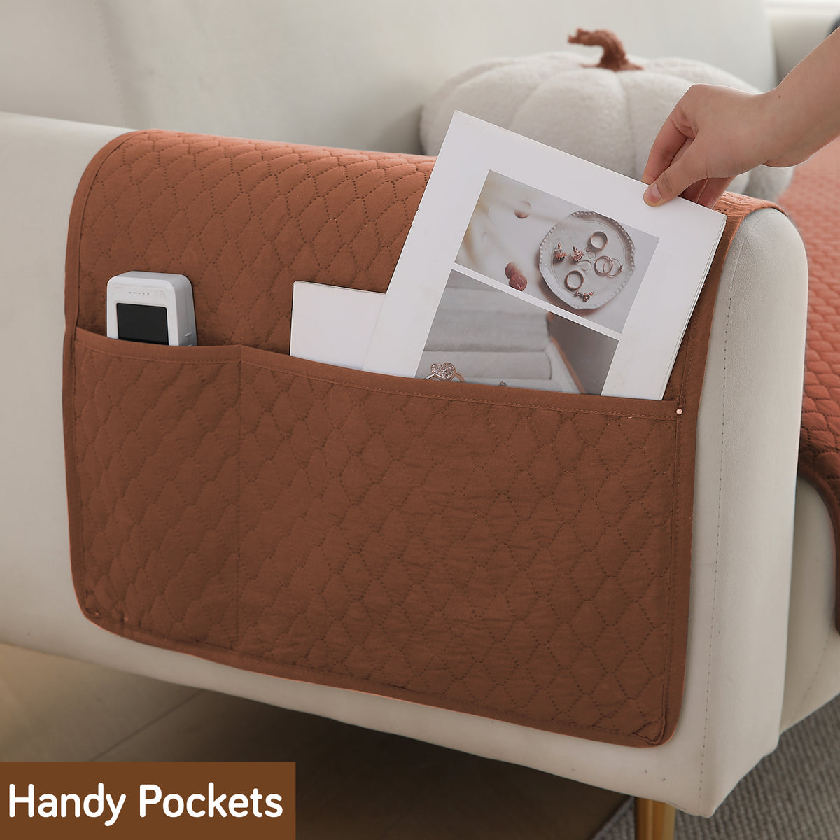 2 Pcs Quilted Sofa Armrest Cover, Brown