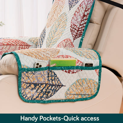 Quilted Cover for Recliner Sofa with SecureFit Belt & Side Pocket, Multicolor Linden Leaf