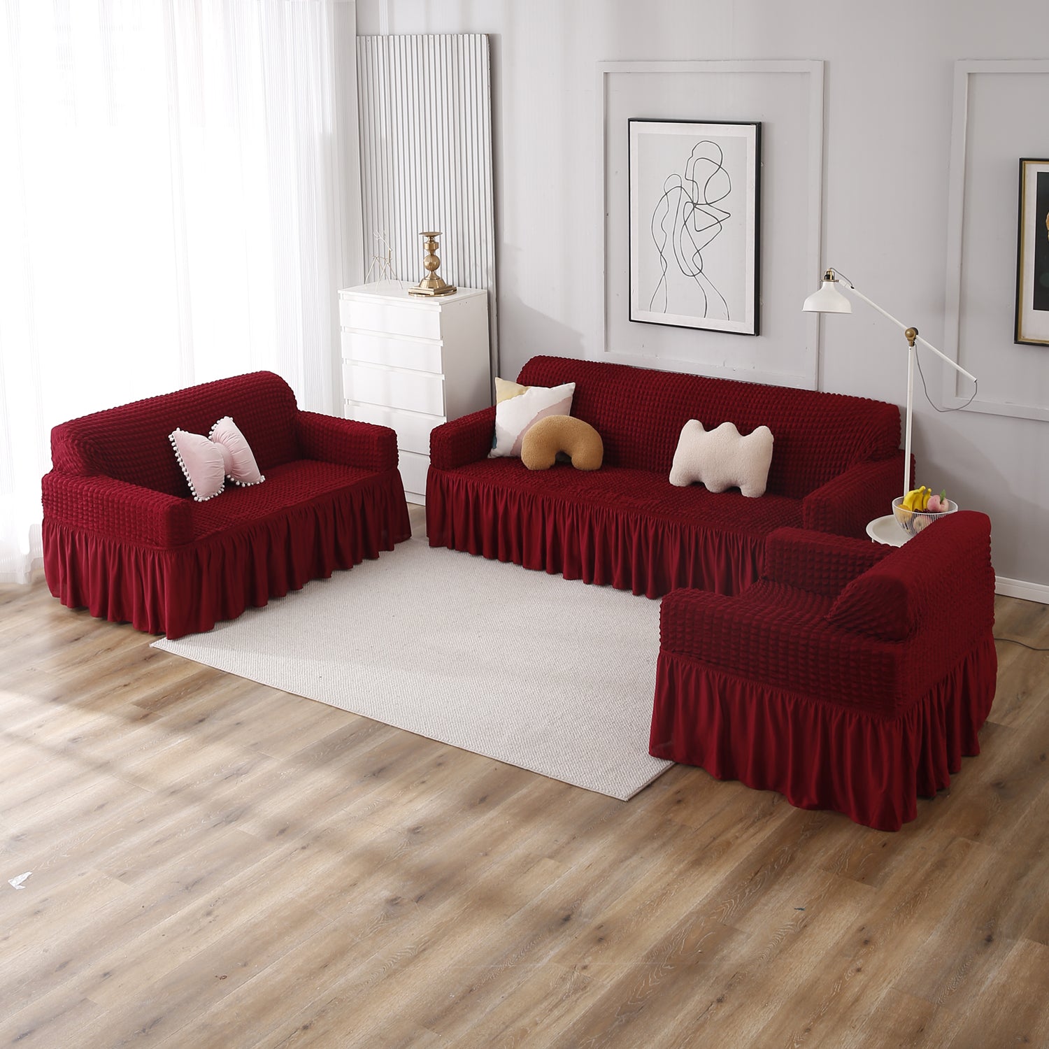 Elastic Stretchable Turkish Bubble Sofa Cover with Frill, Cherry Red
