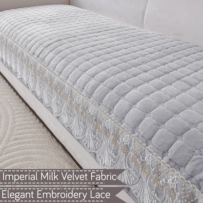 BelleLace Series Imperial Milk Velvet L Shape Sofa Cover Mat with Lace Design - Cloud Grey
