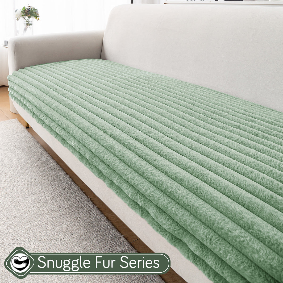 Faux Rabbit Fur Sofa Cover Combination Set, 'Snuggle Fur Series' Sage Green