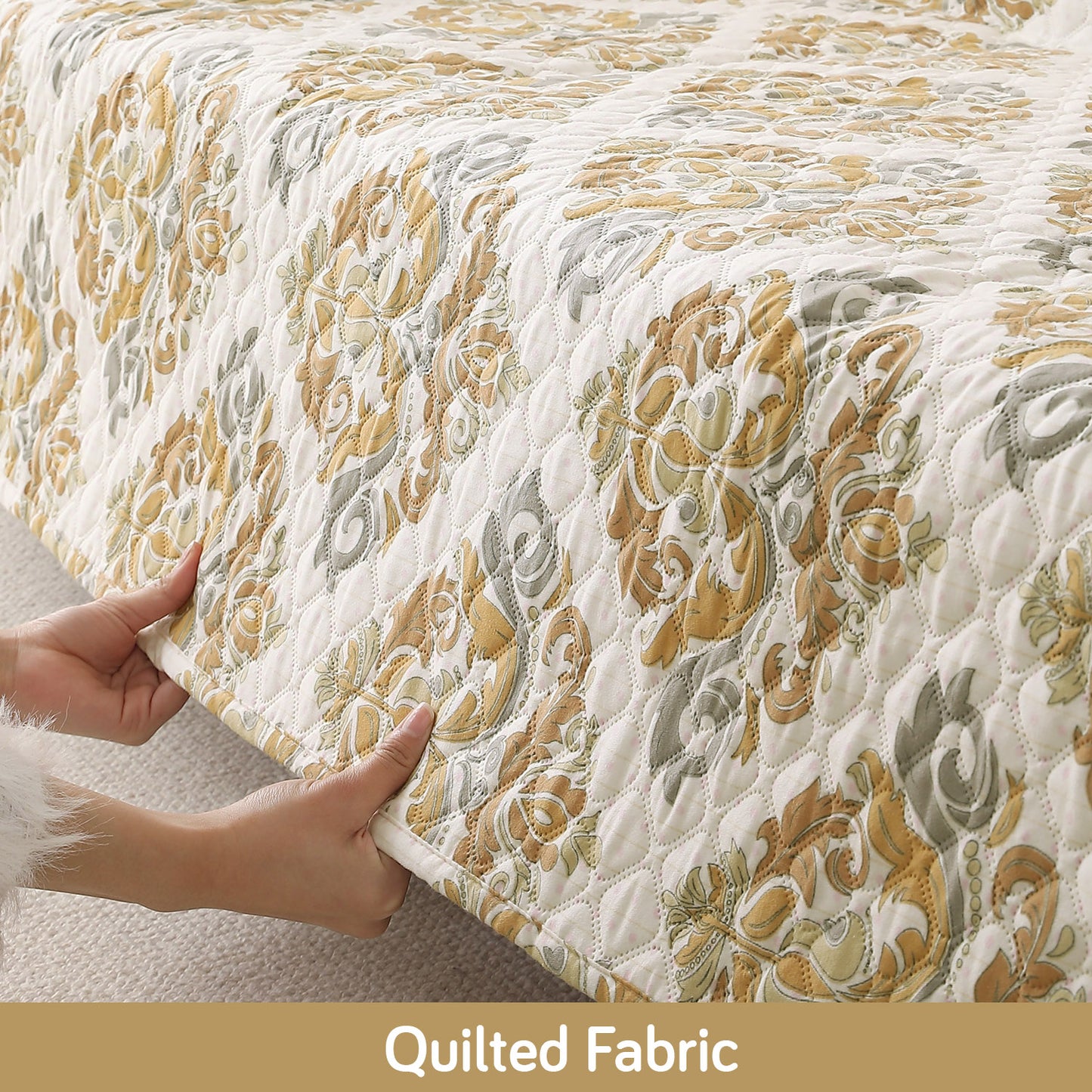 Polyester Printed Quilted Sofa Cover Mats, Damask Beige