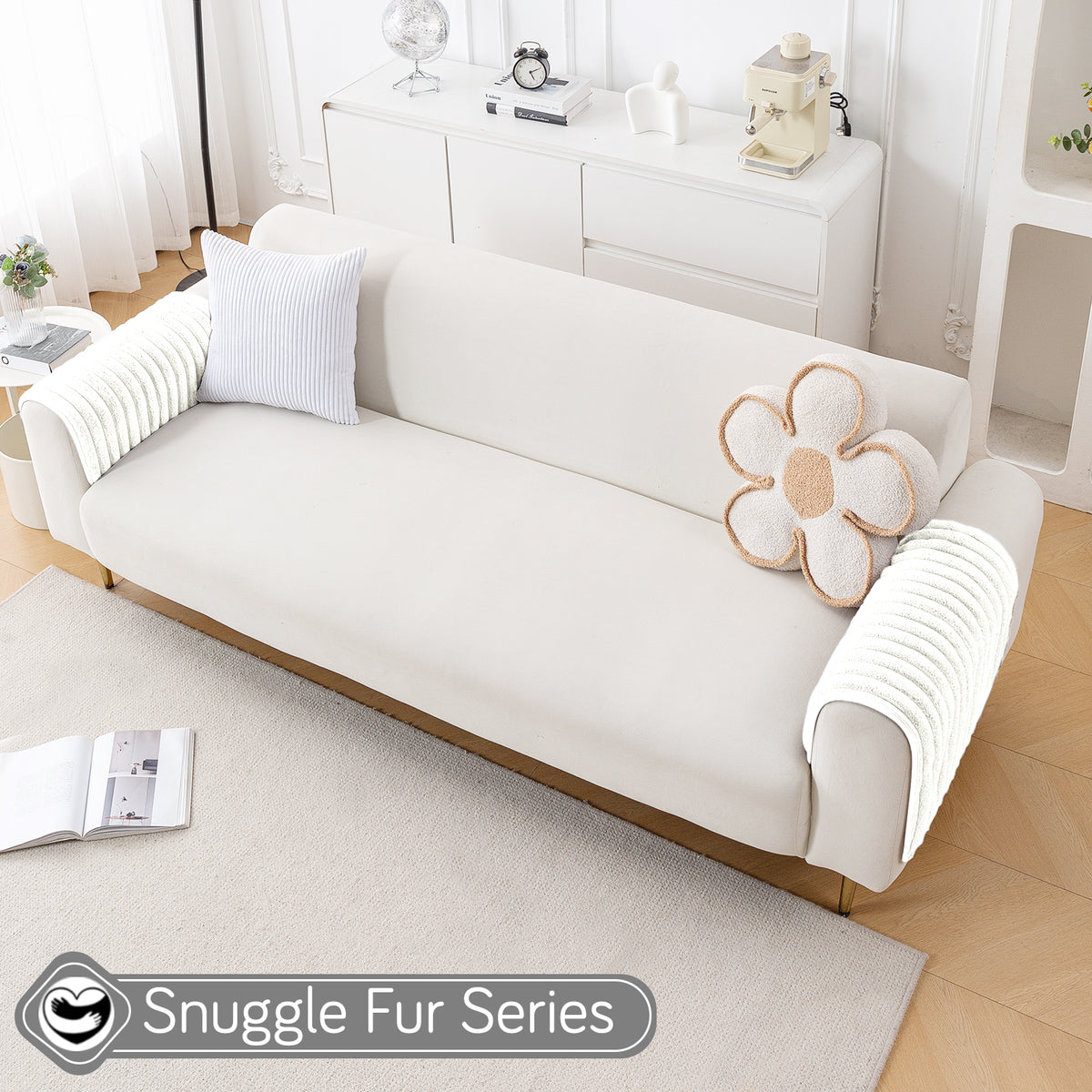 Faux Rabbit Fur Plush Anti-Slip Sofa Mat |Snuggle Fur Pearl White