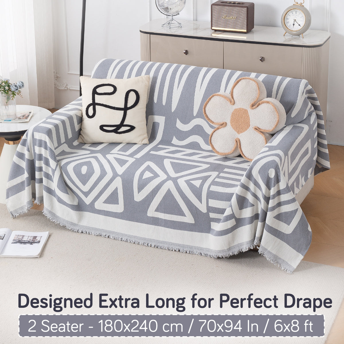 Buy Grey Colour Urban Tribe Chenille Two Seater Sofa Throw | HOKIPO